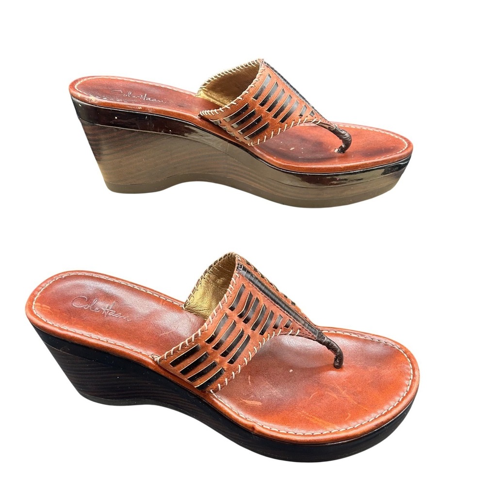 Cole Haan NikeAir Brown Leather Wedge Sandals Whipstitch Thong Platform 8B